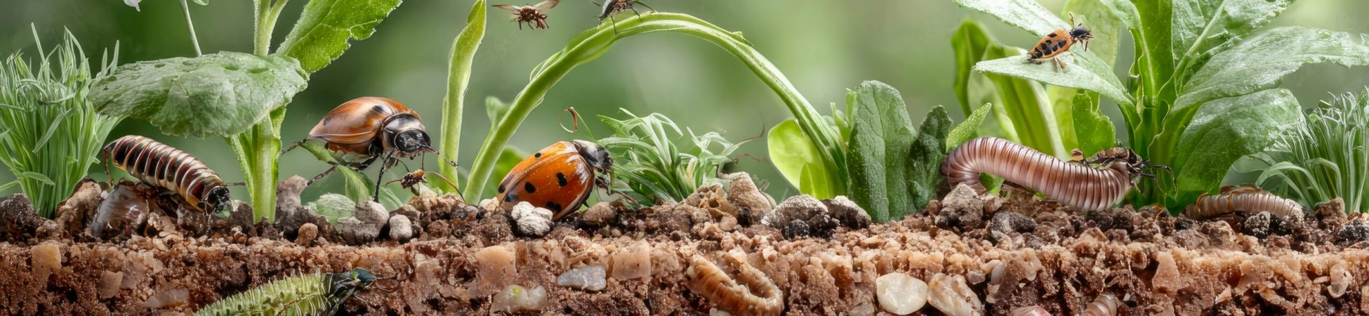 Illustration depicts a detailed cross-section of soil showcasing plant roots, various insects, and worms interacting within a vibrant underground ecosystem.